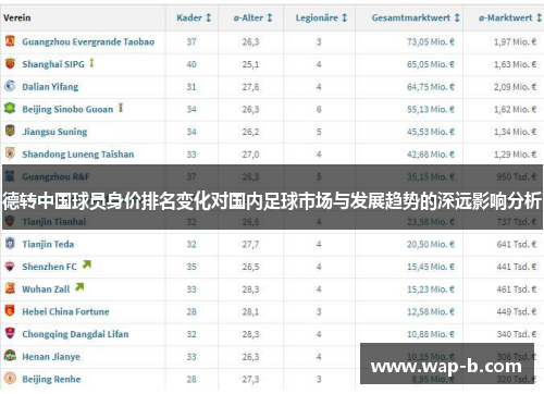 德转中国球员身价排名变化对国内足球市场与发展趋势的深远影响分析 德转中国球员身价排名变化对国内足球市场与发展趋势的深远影响分析